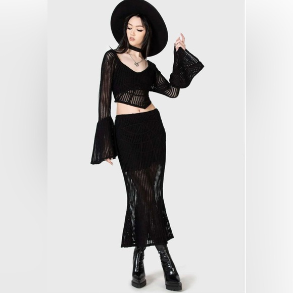 Killstar Dresses & Skirts - NWT Killstar Widow’s Prey Skirt — XXL, Black Gothic Knit Trumpet Midi Skirt